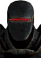 Close-up of Liberty Prime's imposing helmet with red visor from Fallout 3, showcasing its retro-futuristic design and details.