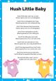 Lyrics of "Hush Little Baby" featuring playful rhymes and colorful baby onesies, perfect for soothing infants to sleep.