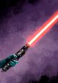 Vibrant red lightsaber held by a character, set against a purple background, showcasing Star Wars themes and excitement.