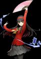 Yukiko Amagi in a stylish red outfit, elegantly wielding a fan and cards, showcasing her unique persona abilities.