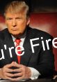 Donald Trump in a suit, gesturing as he delivers the iconic phrase "You're Fired" in a powerful business setting.