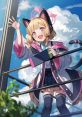 Cheerful Saiba Momoi from Blue Archive waves excitedly, wearing cat ears and a cute outfit, against a sunny sky backdrop.