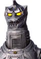 Close-up of Mechagodzilla's metallic head showcasing its fierce expression and glowing yellow eyes.