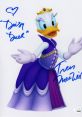 Daisy Duck, animated character by Disney, dressed in royal attire, signed by voice actress Tress MacNeille.