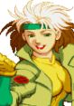 Rogue from X-Men vs. Street Fighter with blonde hair, green headband, and confident smile, showcasing her playful demeanor.