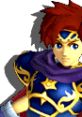 Roy from Super Smash Bros. Melee, showcasing his vibrant red hair and iconic armor in a classic pixel art style.