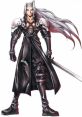 Sephiroth character design showcasing his iconic long silver hair, black coat, and sword from Final Fantasy series.