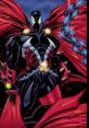 Dynamic portrayal of Spawn, featuring his iconic red cape, glowing eyes, and menacing chains, embodying dark heroism.