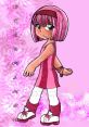 Cute cartoon character Stephanie from LazyTown with pink hair and a stylish pink outfit, set against a floral pink background.