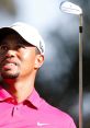 Tiger Woods focuses intently, holding a golf club in a vibrant pink shirt, showcasing his iconic golfing style and concentration.