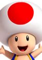 Happy Toad character from Mario Party 3, featuring a large white mushroom cap with a red spot, waving cheerfully.