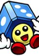 Happy character from Tumble in Mario Party 3, wearing a blue die as a hat with red feet and outstretched arms.