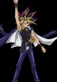 Yami Yugi striking a powerful pose, showcasing his iconic hairstyle and duel accessories against a dark background.