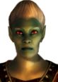 Arvena Thelas from The Elder Scrolls IV: Oblivion, featuring green skin and striking red eyes, in detailed armor.