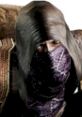 Mysterious Merchant from Resident Evil 4, featuring a dark hood and facial mask, set against a richly textured background.