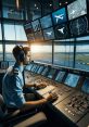 Air traffic controller monitors flight data from multiple screens in a control tower, ensuring safe aircraft navigation.