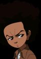 Huey Freeman with a serious expression, showcasing his iconic hairstyle and determined gaze in a striking portrait.