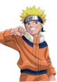 Naruto Uzumaki, wearing an orange jumpsuit, grins confidently with a clenched fist, embodying his spirited personality.