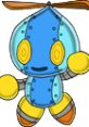 Omochao from Sonic Adventure 2, a cute robotic character with a blue body and yellow features, offering gameplay tips.