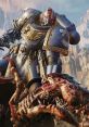 Space Marine in power armor battles a monstrous creature, embodying iconic Warhammer 40k action and epic sci-fi warfare.