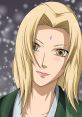 Tsunade smiles confidently, her long blonde hair framing her face, surrounded by a soft, snowy background.