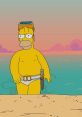 Homer Simpson in swimwear at the beach, wearing a snorkel and holding a knife, with a colorful sunset background.