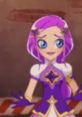 Carissa from Lolirock with vibrant purple hair, wearing a magical outfit and posing happily in a colorful setting.