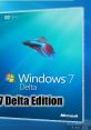 Windows 7 Delta Edition DVD cover showcasing 64-bit version, featuring vibrant blue background and Betta fish graphic.