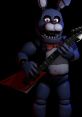 Bonnie the Bunny, a blue animatronic, plays a red guitar, showcasing its musical prowess in a dark setting.