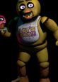 Chica from FNAF 1 holding a cupcake, featuring "LET'S EAT!!!" slogan, showcasing her playful and eerie character vibe.