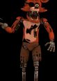 Foxy from FNAF1, featuring a damaged robotic body with a computer voice, stands menacingly against a black background.