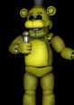 Golden Freddy from FNAF 1 holding a microphone, featuring a menacing grin and a vintage appearance, embodies eerie nostalgia.