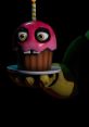 Mr. Cupcake from FNAF 1, a spooky character with a pink frosting hat and eerie eyes, held on a plate by a sinister hand.