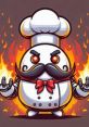 Fierce chef character with robotic arms, fiery background, playful design, and a dramatic mustache, embodying G0RD-1 RAM-Z.