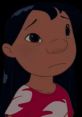 Lilo Pelekai looking thoughtfully, wearing her iconic red dress with white print from Disney's Lilo and Stitch.