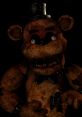 Stuffed Freddy from Five Nights at Freddy's, featuring a creepy expression and worn, bloody textures in dark background.