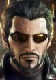 Adam Jensen with stylish sunglasses, showcasing a sleek, cybernetic look and intense expression in a futuristic setting.