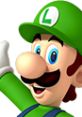 Luigi from Mario Party 3, smiling and waving, wearing his signature green cap and overalls, showcasing his cheerful personality.