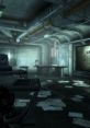 Desolate office space in Fallout 3, featuring scattered papers, a desk, and a U.S. flag, evoking the People's Republic of America Radio.