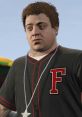 Jimmy de Santa from GTA V, wearing a black and red jersey with a star necklace, gazes thoughtfully in a vibrant setting.