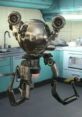 Codsworth, the humorous robot from Fallout, stands ready in a retro kitchen, showcasing his unique charm and witty jokes.