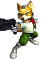 Fox McCloud from Super Smash Bros. Melee, dynamically posed with a blaster, showcasing his iconic adventurous style.