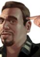 Roman Bellic from Grand Theft Auto IV shows a playful expression, pointing to his head in a comedic gesture.