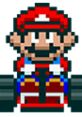 Pixel art of Mario in his iconic kart from Super Mario Kart, showcasing classic 16-bit gaming nostalgia.