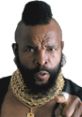 Mr. T striking a fierce pose, wearing gold chains, with a distinctive mohawk hairstyle and an intense expression.