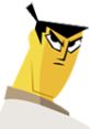 Samurai Jack with striking yellow face, intense eyes, and iconic hairstyle, embodying a fierce warrior spirit.