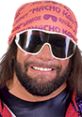 Macho Man Randy Savage sporting a vibrant bandana and sunglasses, showcasing his iconic wrestling persona.