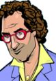 Ken Rosenberg from Grand Theft Auto: Vice City, depicted with curly hair, red glasses, and a colorful suit.