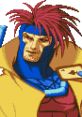 Gambit from X-Men vs. Street Fighter, featuring his iconic blue and yellow costume and vibrant red hair.