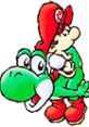 Yoshi carrying Mario, iconic duo from Yoshi's Island, ready for adventure in this beloved Nintendo classic.